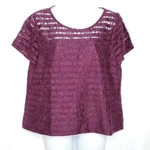 Womens Lace Short Sleeve Top Sz L Crew Neck Floral Stripe Wine Burgundy Purple